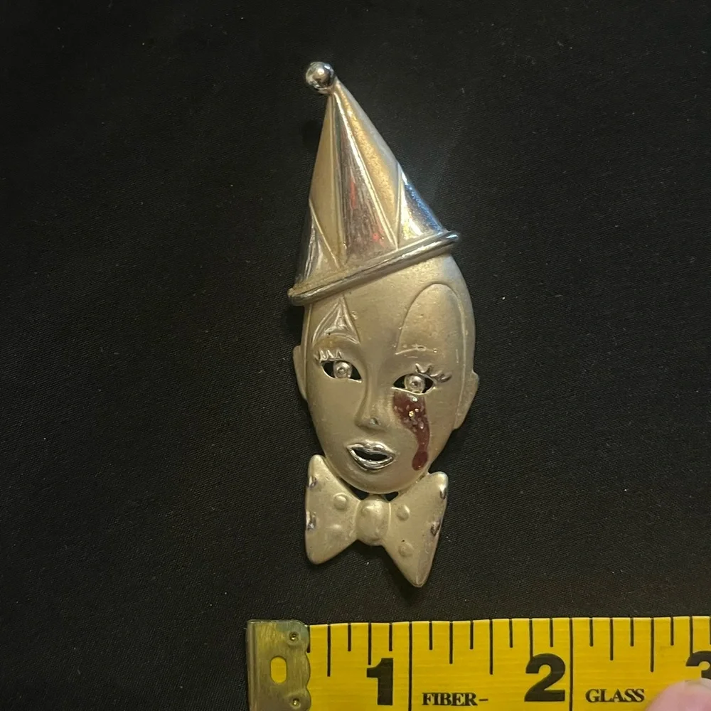 Vintage Silver Tone Clown Face Crying Brooch Purple Glitter